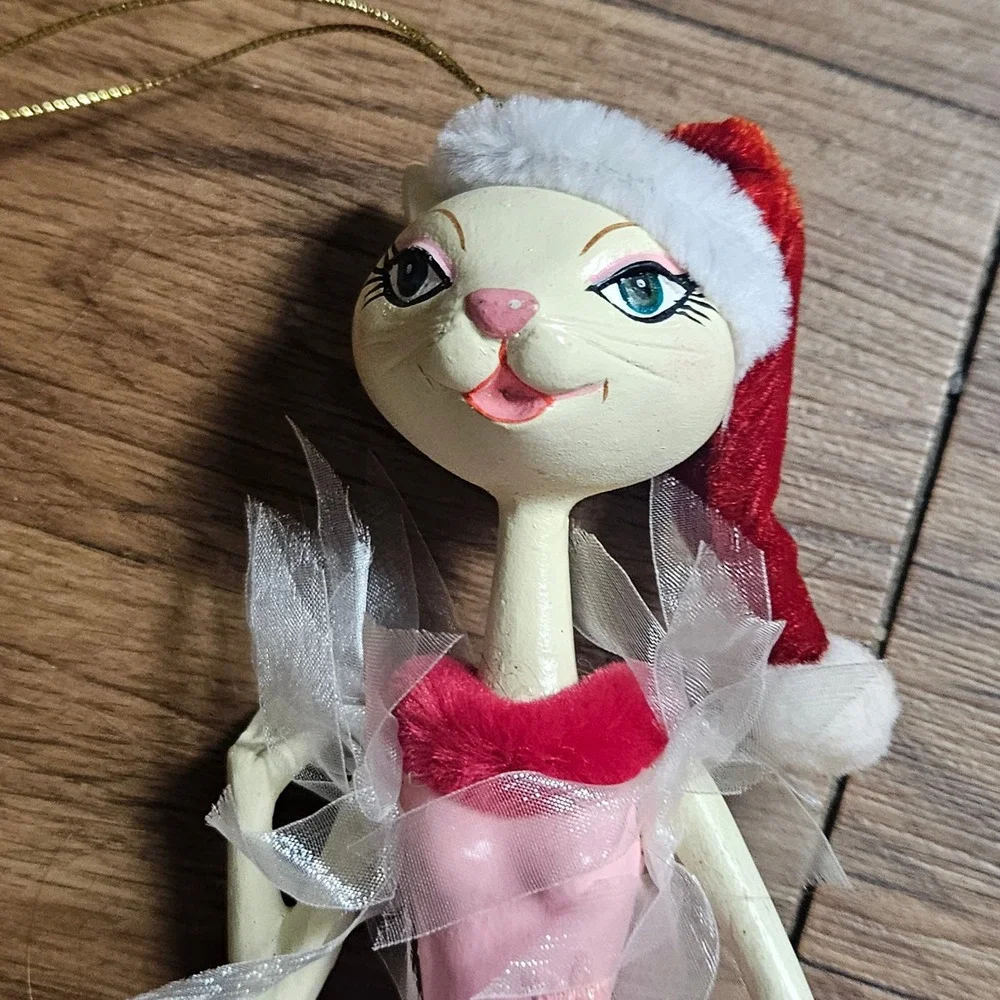 Vintage Glamour Kitty Cat Christmas Ornament Santa Hat Tutu Whimsical Holiday